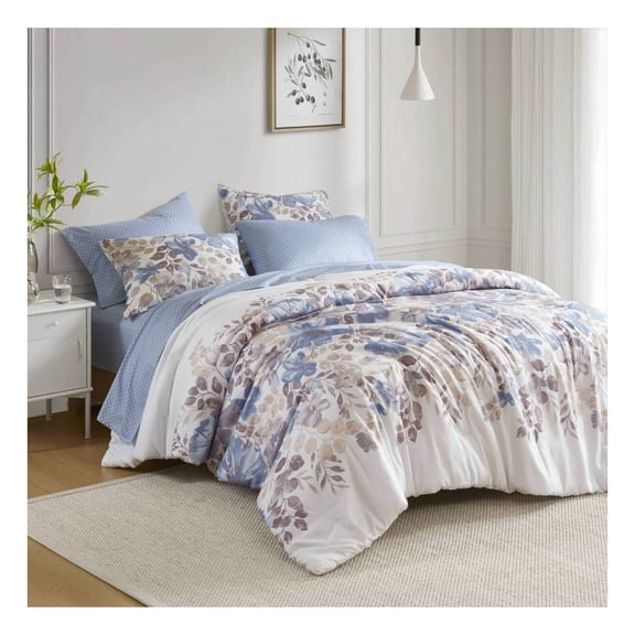 Floral Comforter Set with Bed Sheets Blue Cal King