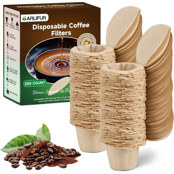 Disposable K Cup Filters with Lid, Coffee Filter Paper for Brewers Single Serve 1.0 and 2.0, Use with Reusable K Cup Pods (Natural, 200 Count)
