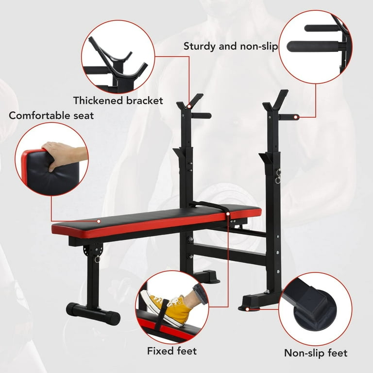 Adjustable Weight Bench with Barbell Rack Bench Press Folding Multi Function Workout Bench with Dip Station Curl Bar Weight Lifting Bench Strength