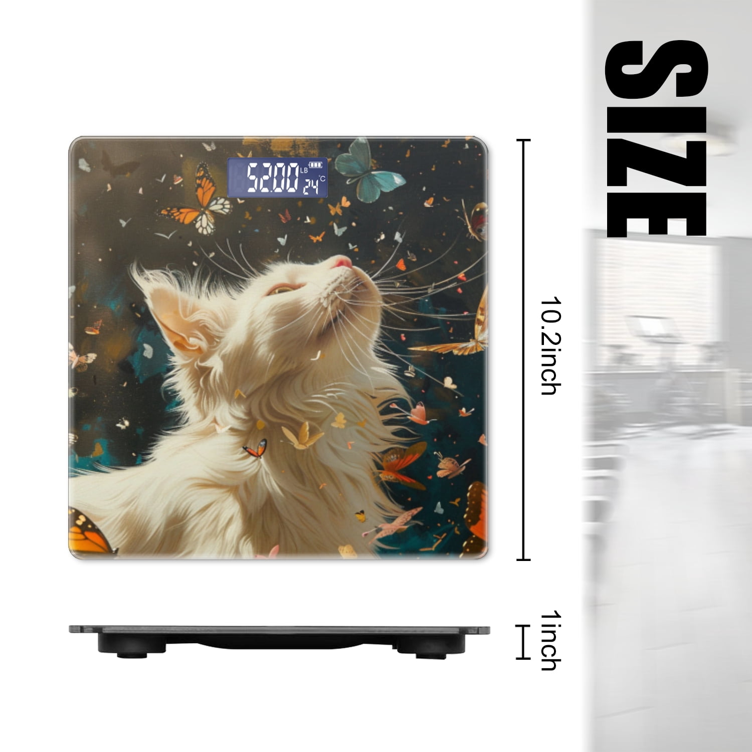 Bathroom Scale, Highly Accurate Digital Body Scale,Precisely Measures Weight up to 400 lbs-White Cat Surrounded By Butterflies Of Fantasy Art
