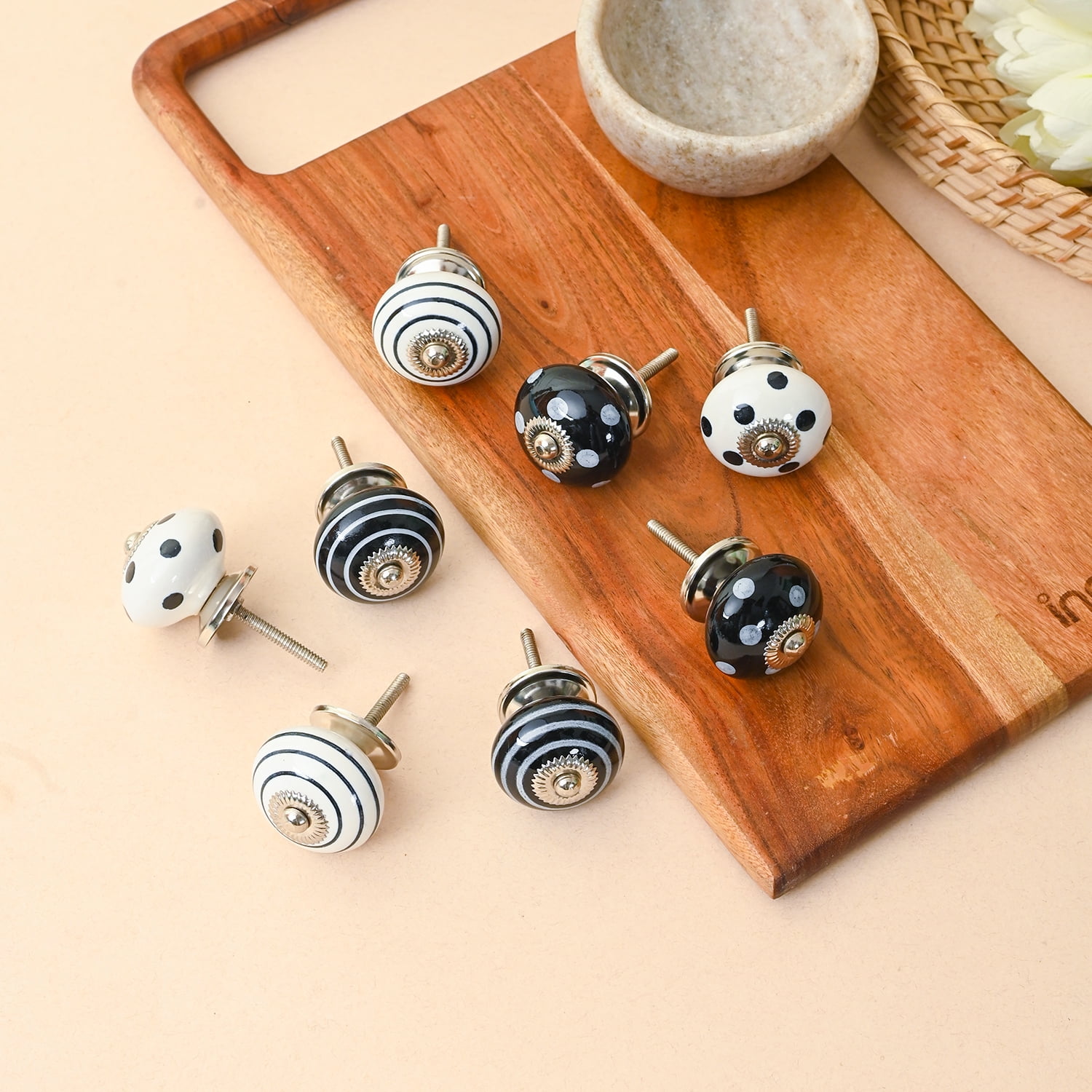 Perilla Home Printed Ceramic Knobs for Cabinet Vintage Kitchen - Set of 8 Assorted Decorative Cupboard Door & Wardrobe Drawer Pulls Chrome Hardware Handle Mix Design Knobs (White & Black)