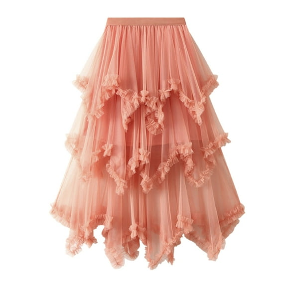 Riforla Women Mesh Solid Skirt A Line Color Waist Long Skirt High Skirt Womens Skirts Orange One Size