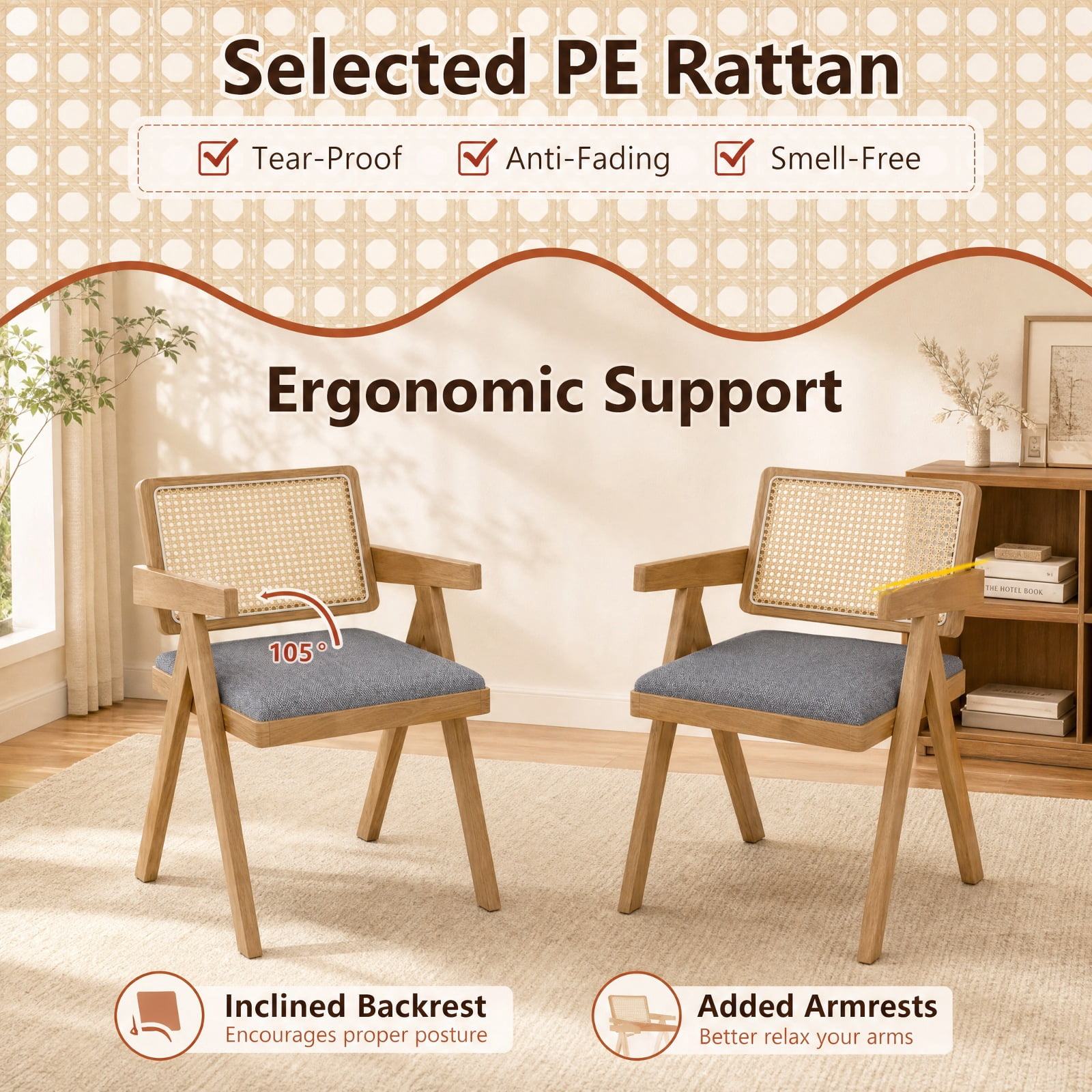 Furnibear Set of 2 Rattan Accent Chairs with Padded Cushion and Rubber Wood Frame for Dining Room Kitchen and Living Room, Gray