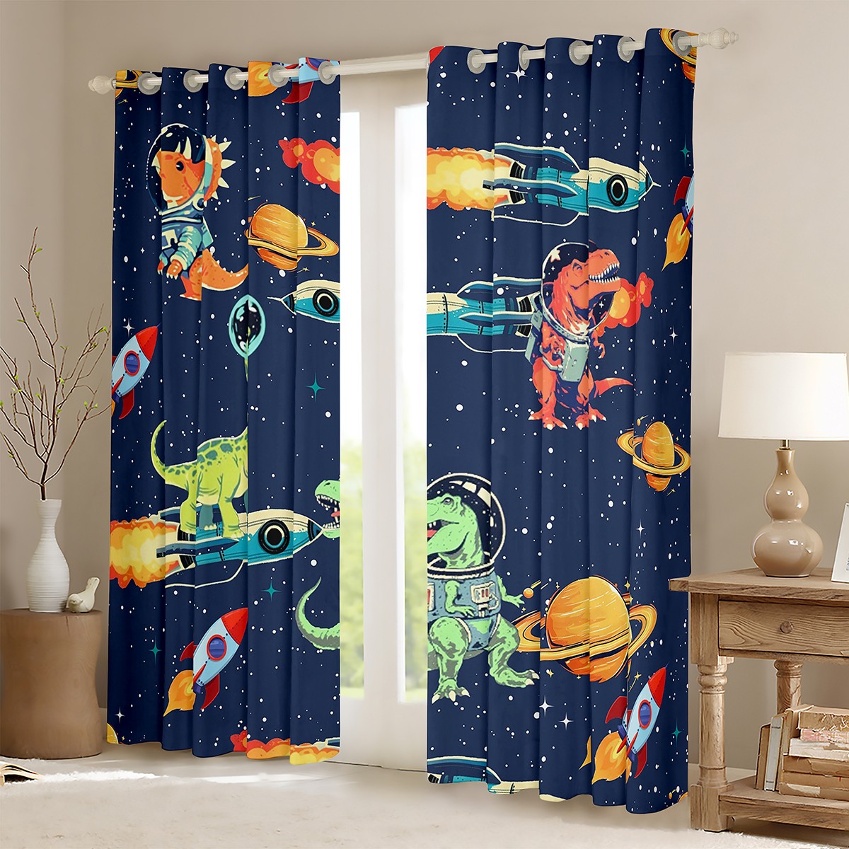 Feelyou Outer Space Dino Black Out Curtains for Teens, Dreamy Rocket Curtains Pack of 2 (42x63 Each), Cute Cartoon Navy Bedroom Curtains, Window Curtains Home Decor