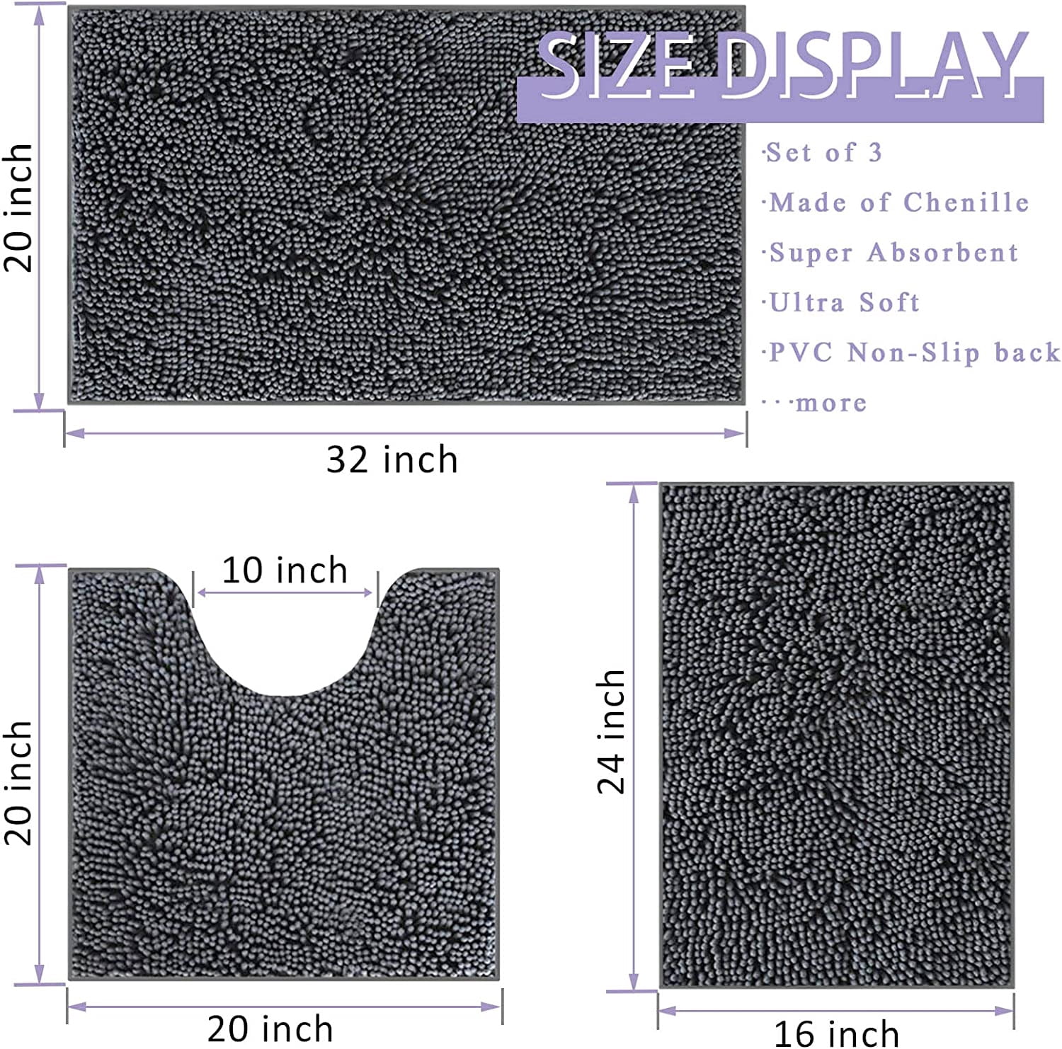 RUseeN Bathroom Rugs Sets 3 Piece Chenille Microfiber Bath Rug Non-Slip Bath Mats with Soft Plush PVC Backing Water Absorbent Carpet 1'' Quick Dry Microfiber Toilet Mat, Deep Gray