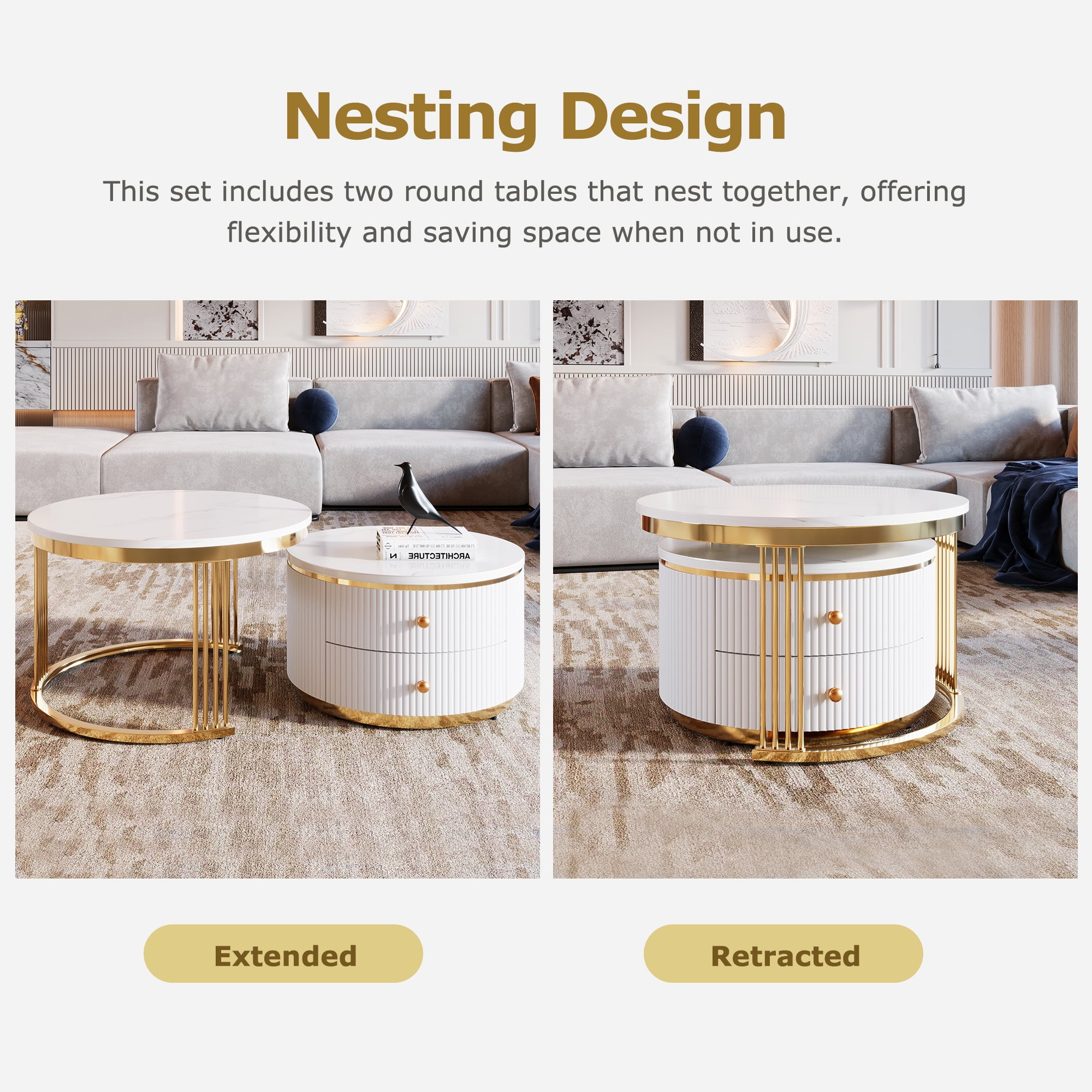 Euroco Modern 2 Pieces White Round Nesting Coffee Table with Drawers in 27.6''