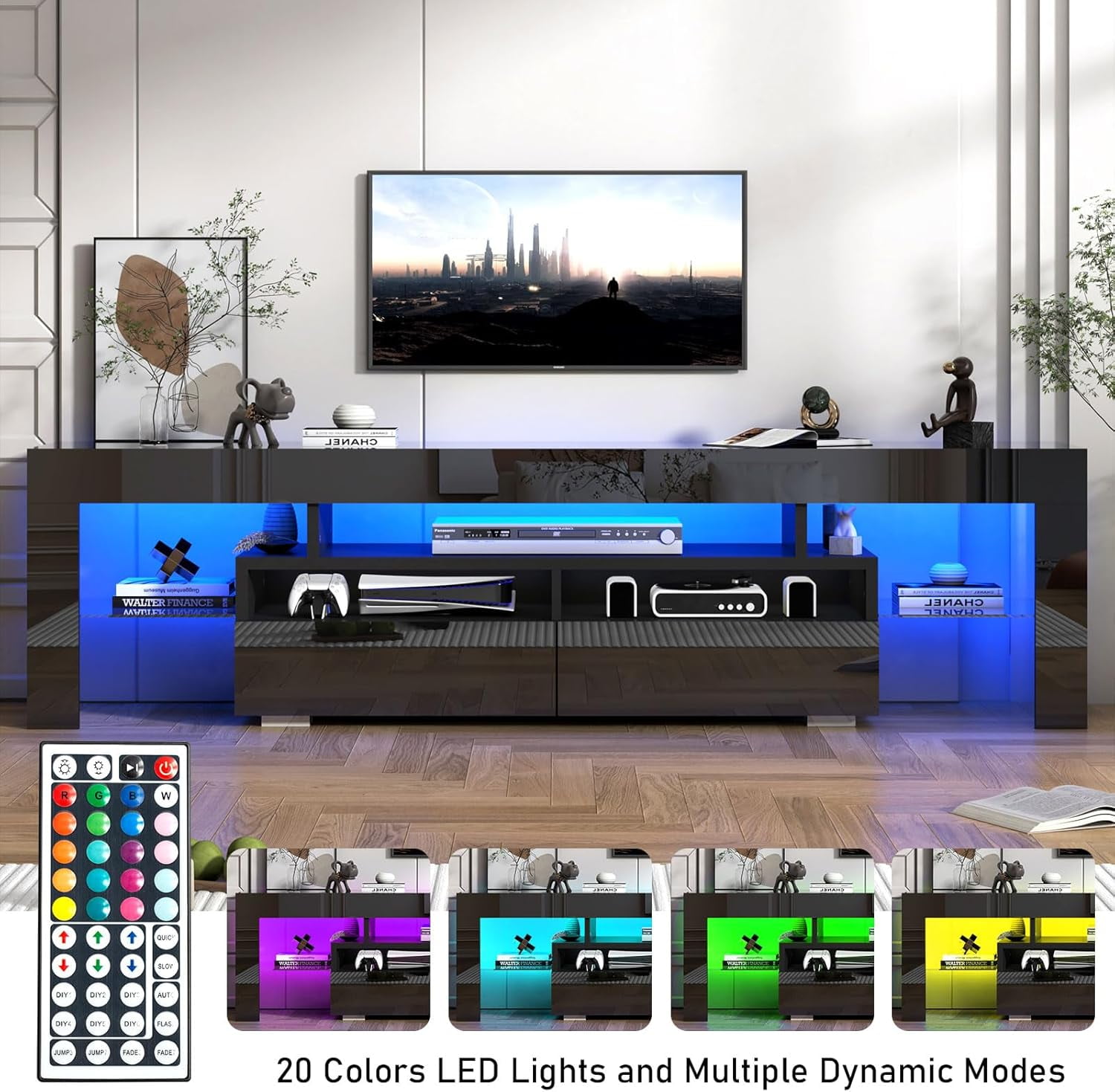 ChVans LED TV Stand for 75/85/90 inch TV, High Glossy Modern Entertainment Center with Drawer and LED Lights