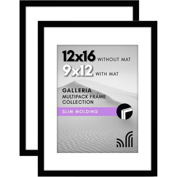 12x16 Picture Frame with Polished Plexiglass - Set of 2 - Use as 9x12 Frame with Mat or Display 12x16 Photo Without Mat - Galleria Collection - Picture Frames for Wall Display - Black