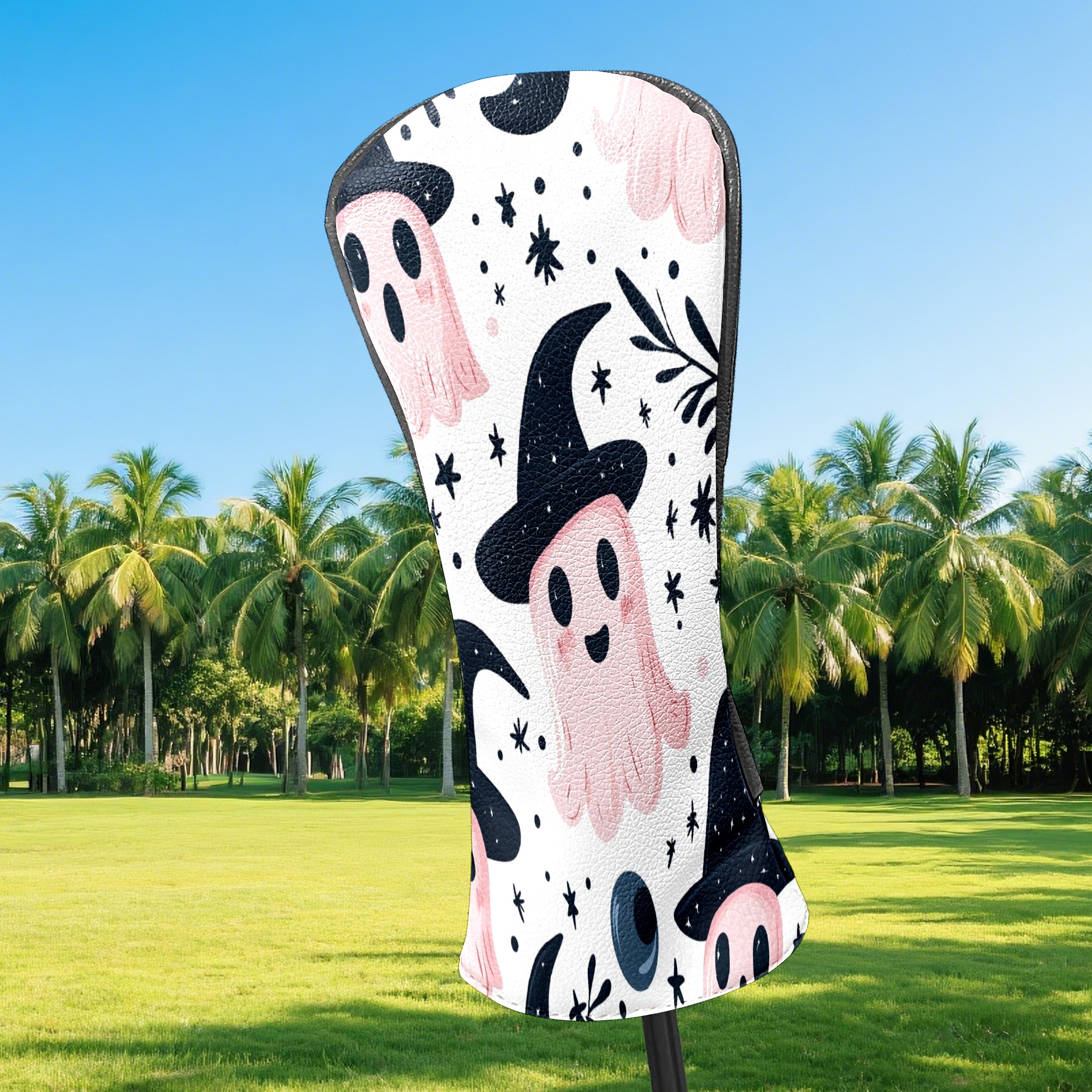 Golf Club Covers, Pink Ghost Witch Hat Premium PU Leather Driver Hybrid Putter Head Covers with Velvet Lining, Waterproof Golf Gifts for Men Women