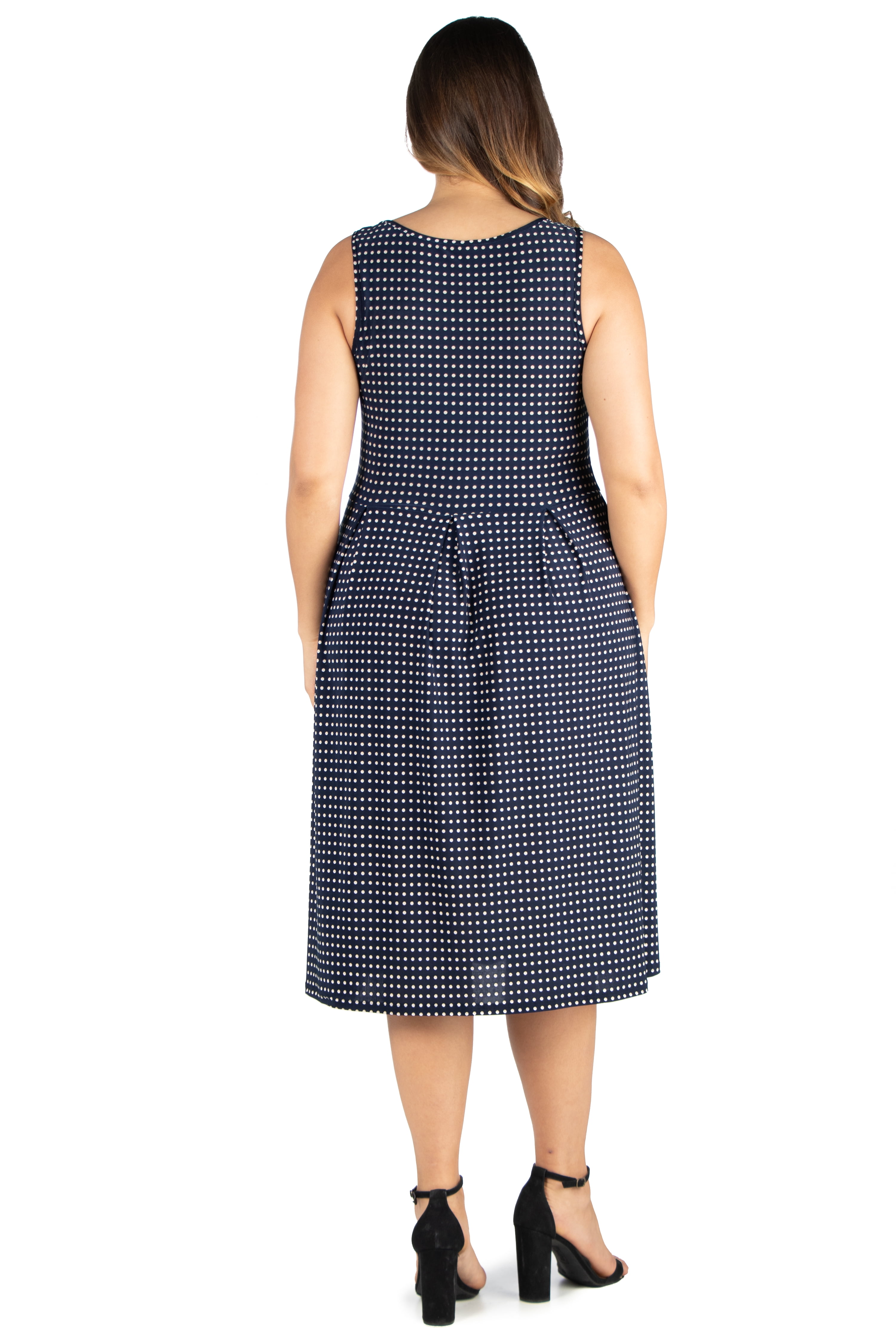 Women’s Plus Size Navy Polka Dot Midi Fit and Flare Pocket Dress