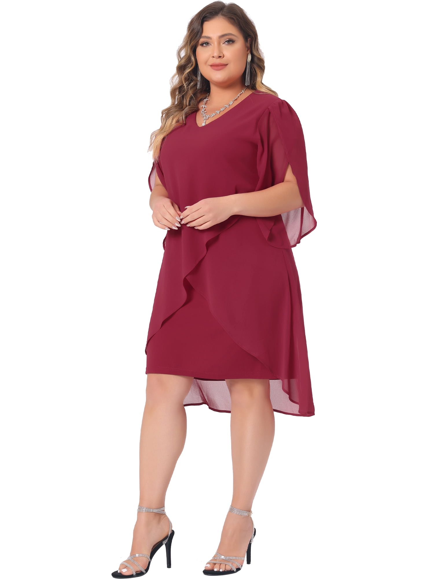 DARING DIVA Women's Plus Size Chiffon Cocktail Mesh Overlay Short Dress 1X Red