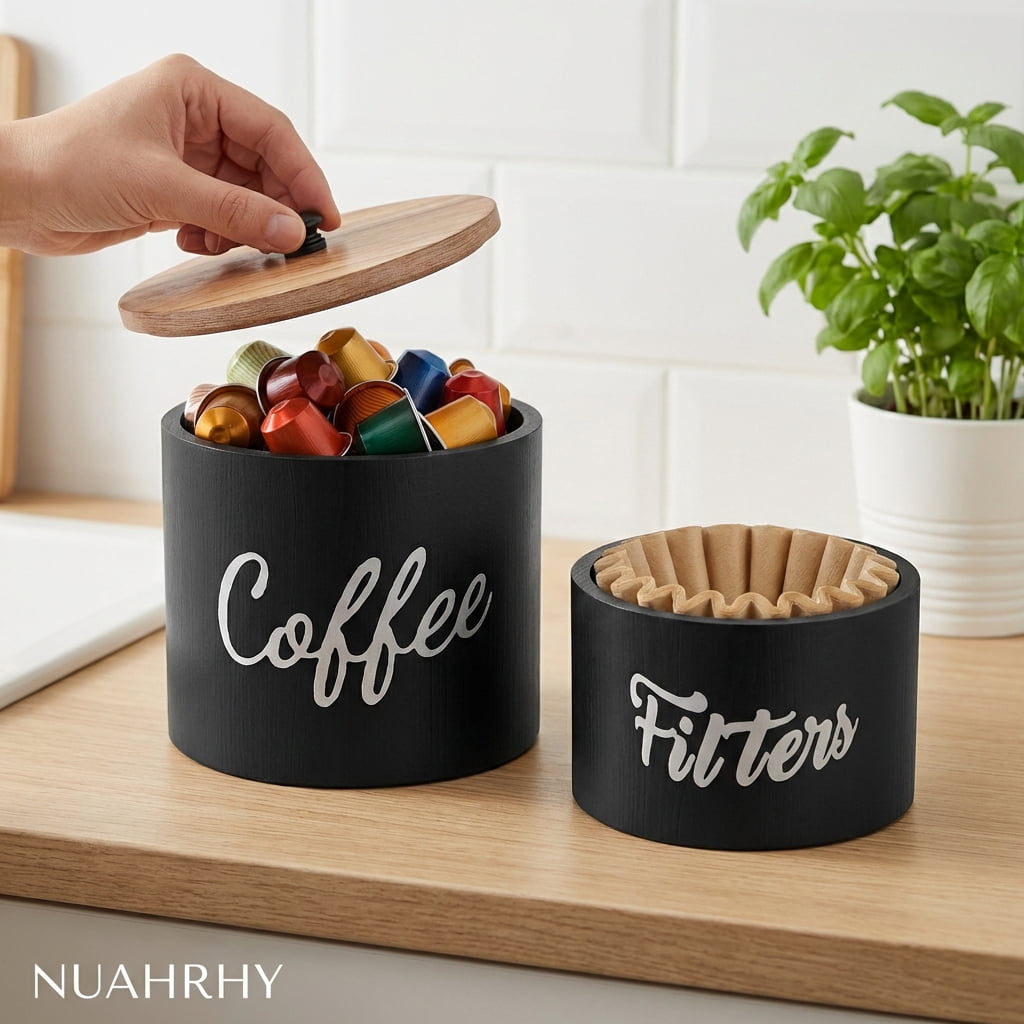 NUAHRHY 2pcs Wood Coffee Filter Holder Dispenser Storage Container Dispensers with Lid Enduring Filter Container for Counter Decor