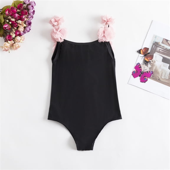 Eltusu Girls One-Piece Swimwear, Flower Hem Sleeveless Summer Holiday Kids Swimsuit Black Size 5-6 T