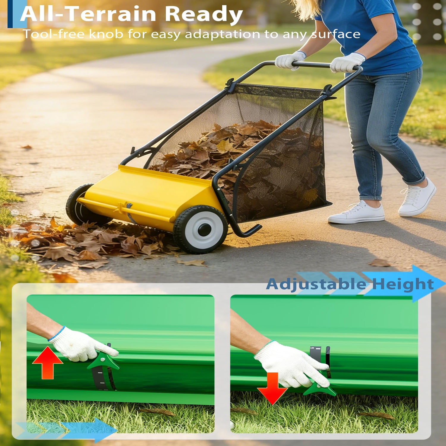 Gaderth Efficient 21-Inch Push Lawn Sweeper, Heavy-Duty Steel Frame, 4 Enhanced Spinning Brushes, Large 3.5 cu.ft Pusher, Strong Rubber Wheels, Manual Leaf & Grass Collector