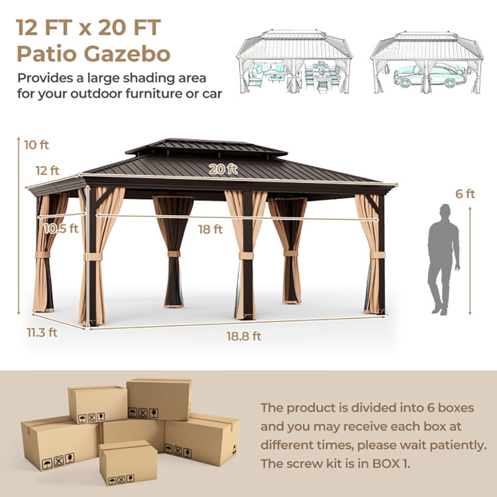 Aimee Lii 12' x 20' Double-Roof Hardtop Gazebo with Galvanized Steel Roof, Canopy Gazebo for Party BBQ Events, Coffee