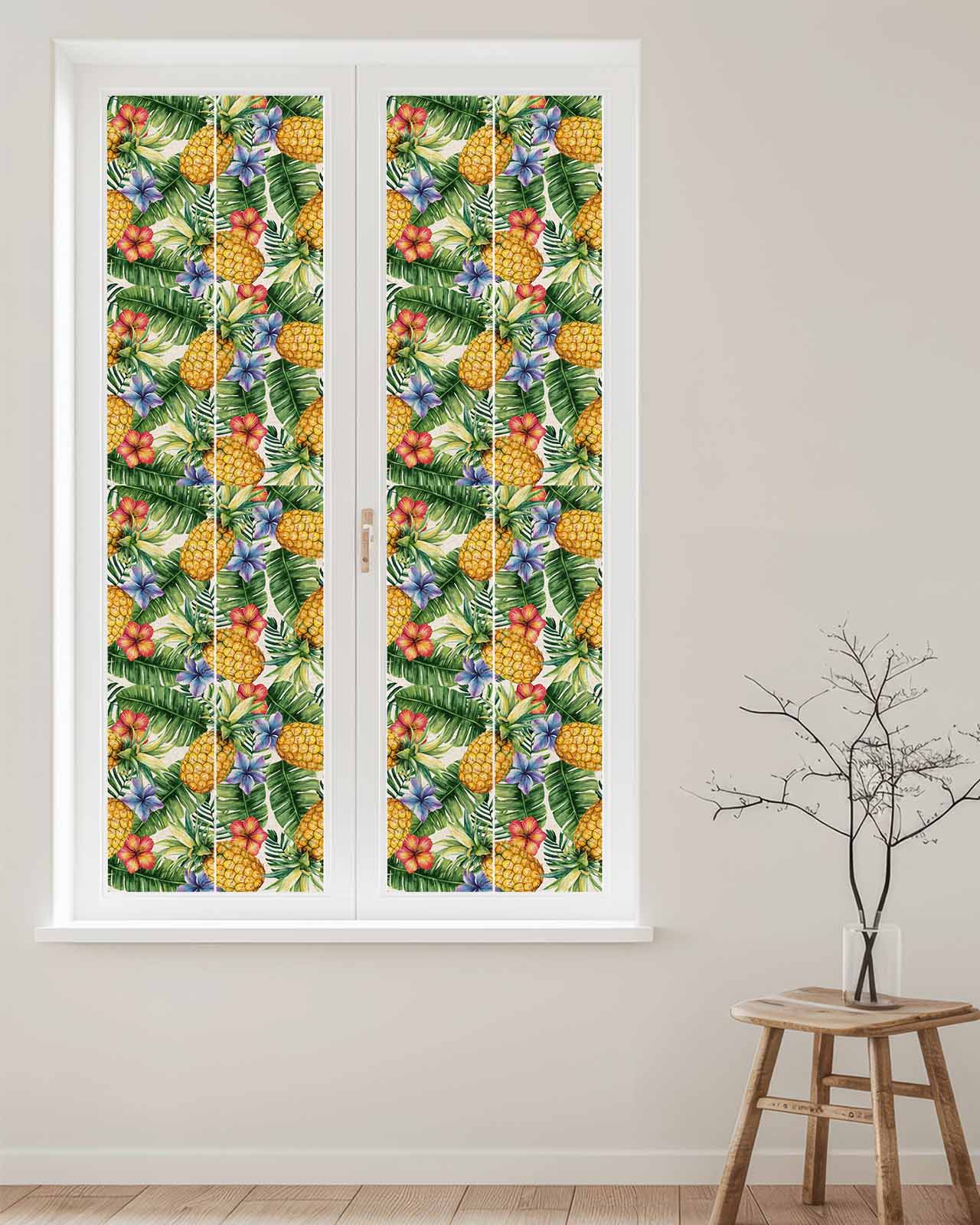 Window Privacy Film Pineapple Stained Glass Window Film Decorative Sun Block Window Cover Tropical Plants Flowers Fruit Watercolor Window Clings Static Adhesive Sticker for Bathroom 17.7"x78.7"