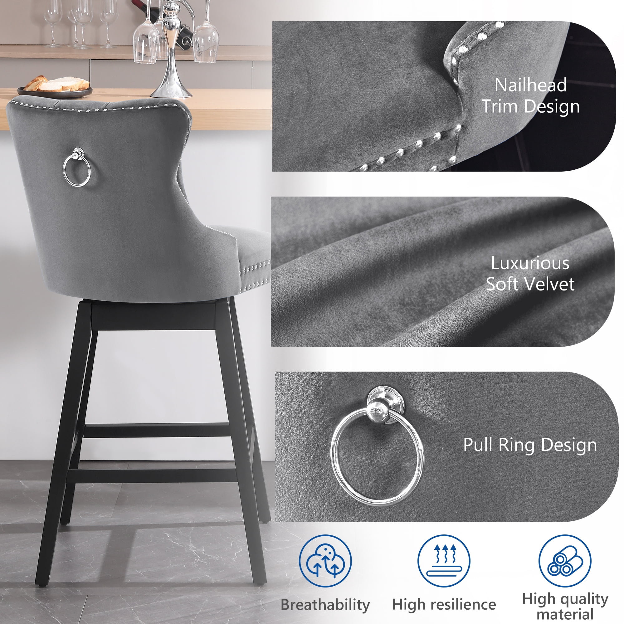 Tewloss 30" Swivel Bar Stools Set of 4 With Back Velvet Bar Height Chairs for Home Kitchen, Gray