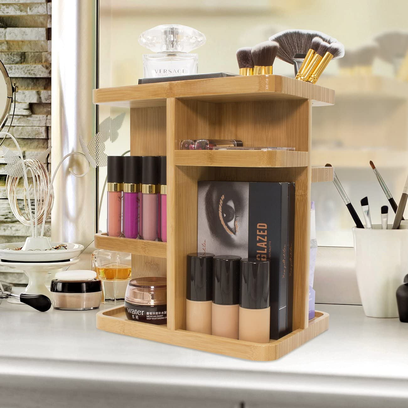 Sorbus Bamboo Makeup Organizer, Multi-Purpose Storage for Skincare, Toiletries, Desktop, Household Items, Display Stand Shelf