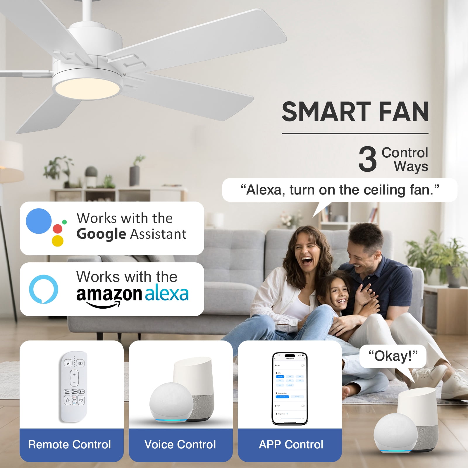 52 inch Ceiling Fans with Lights, 10 Double-sided Blades, Indoor Outdoor Smart Ceiling Fan with Alexa/App/Remote Control, 6 Speed Quiet Reversible DC Motor, 3CCT Dimmable