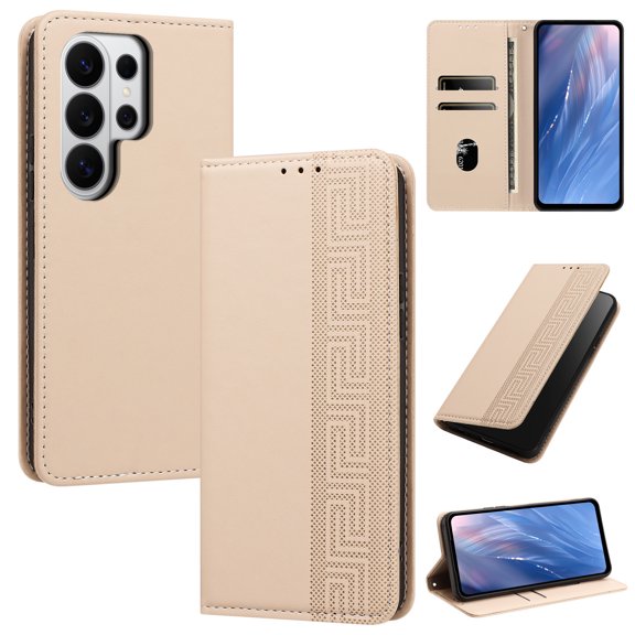 Magnetic PU Leather Wallet Case for Samsung Galaxy S26 Ultra, RFID Blocking Flip Phone Cover with Wrist Strap Card Slots Cash Pocket Kickstand Full Body Protection for Galaxy S26 Ultra, Beige