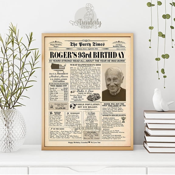 YaHaku 93rd Birthday Poster, 93rd Newspaper Poster, 1932 Newspaper Poster, 93 Years Ago, Anniversary Sign, Birthday Gift, Born in 1932,