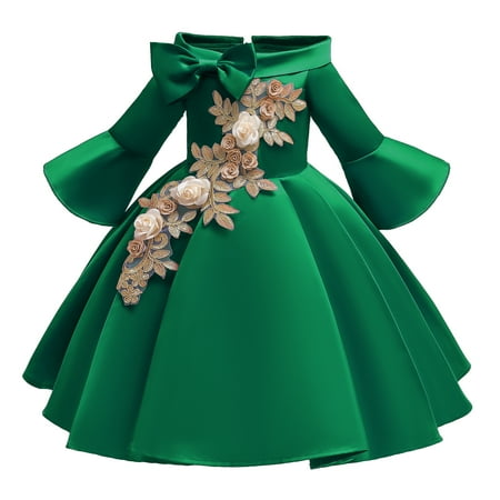 

OLLUISNEO 2-3 Years Toddler Baby Girls Dress Long Sleeve Off-The-Shoulder Floral Design Party Formal Princess Dress Green
