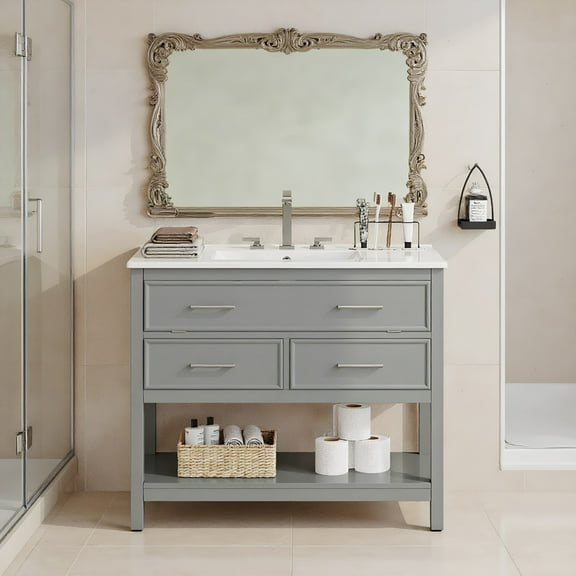 Resenkos 36" Bathroom Vanity with Ceramic Sink, Tip-Out Tray, 2 Full-Extension Drawers, Silver Pulls, Soft Close Slides, 1 Bottom Open Shelf - Gray