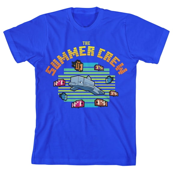 Minecraft Dolphin and Fishes Summer Crew Youth Boy's Royal Blue T-Shirt-Medium