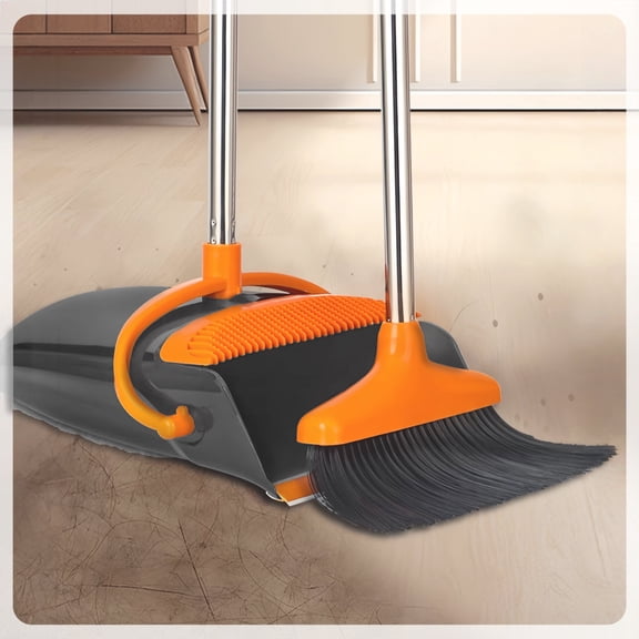 Broom and Dustpan Set, Long Handle, Upright Standing, Indoor & Outdoor, Black and Gray