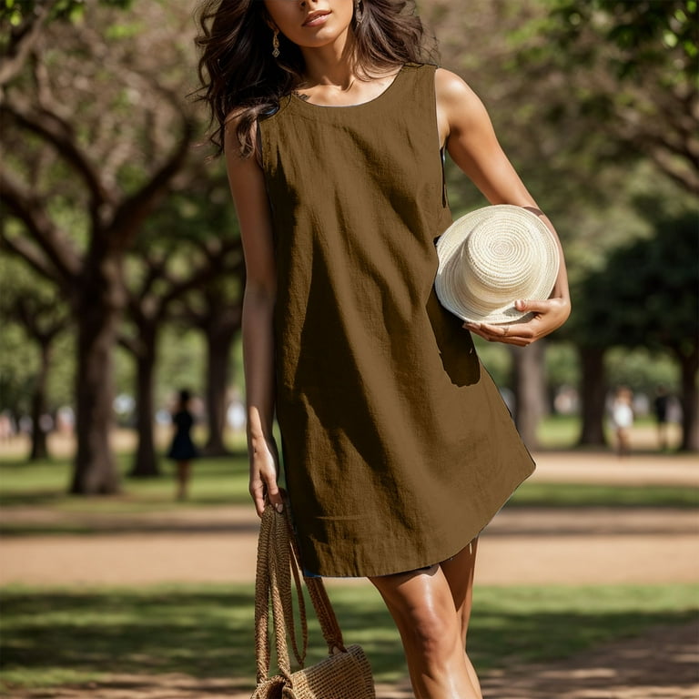 TIANZEN Womens Summer Crew Neck Sleeveless Open Back Dress Casual Beach  Linen Mini Dress Long Bridesmaid Dress Womens Summer Dresses Casual Tee  Shirt Dress - Walmart.com