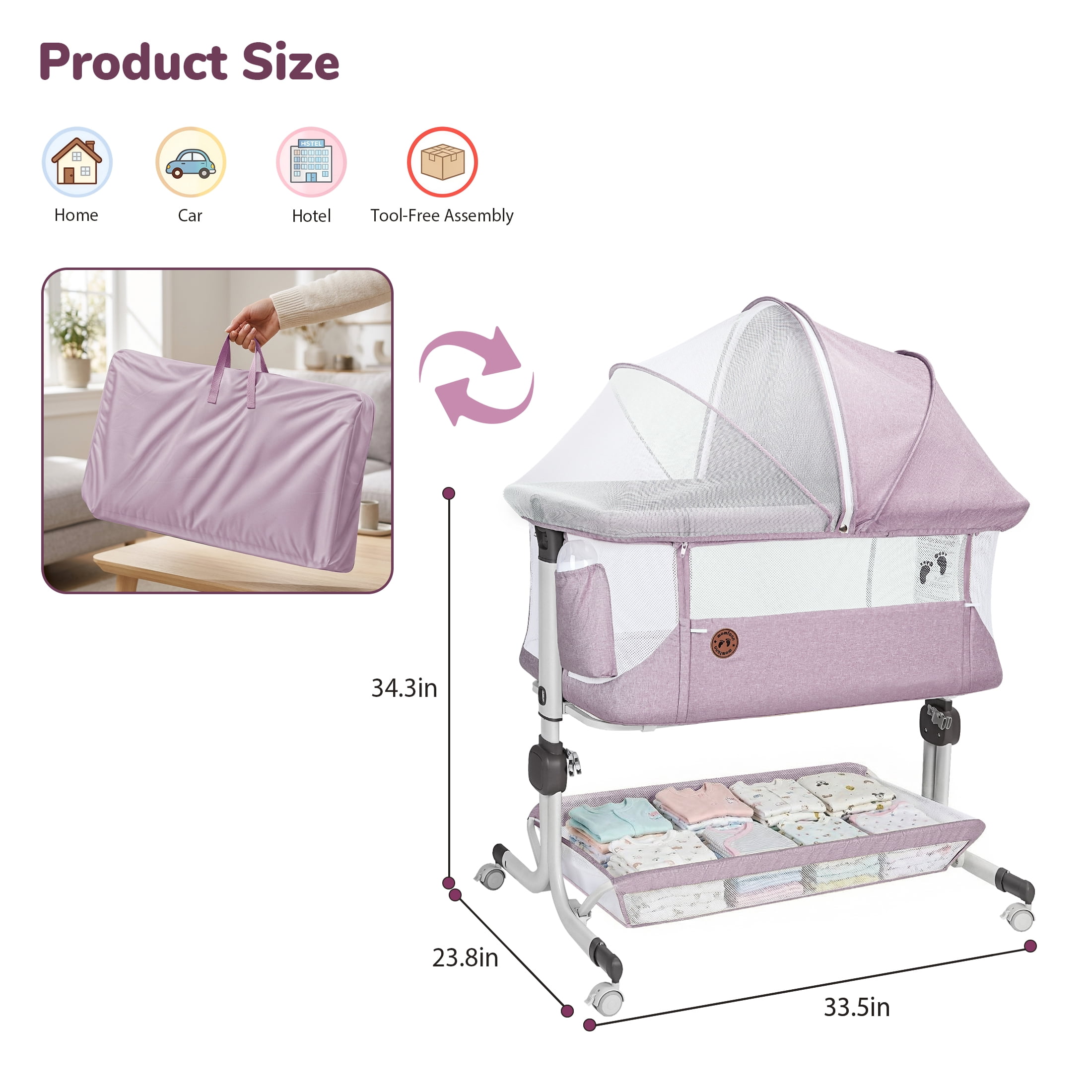 Minikid 3-in-1 Baby Bassinet Bedside Sleeper, 6 Height Adjustments, Full Mesh Breathable, Portable Newborn Baby Crib with Storage Basket, Pinkish Purple