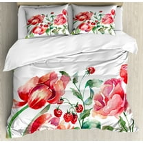 Watercolor Duvet Cover Set, Grunge Inspired Botanical Arrangement of Fruits and Flowers Ecology, Decorative 3 Piece Bedding Set with 2 Pillow Shams, Queen Size, Rose Red Jade Green, by Ambesonne