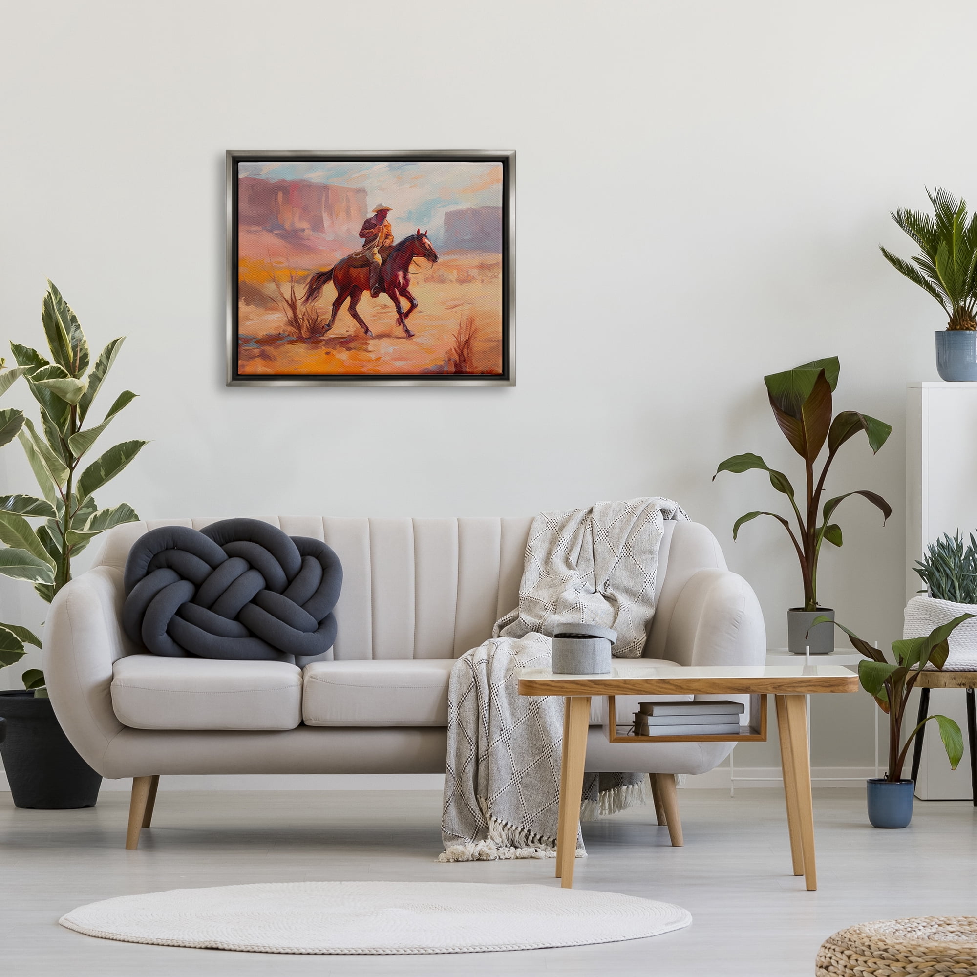 Stupell Industries Cowboy Riding Desert Landscape Animals & Insects Painting Gray Floater Framed Art Print Wall Art