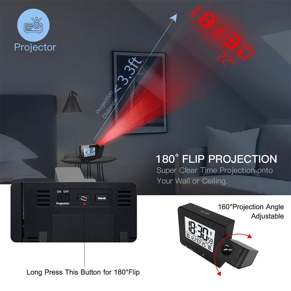 Clock Projection Alarm Clock For Bedroom With Thermometer Hygrometer Digital Project Ceiling Clock Dimmable LED Display With USB Charger 180Rotable With Dual Alarms 12/24H Snooze