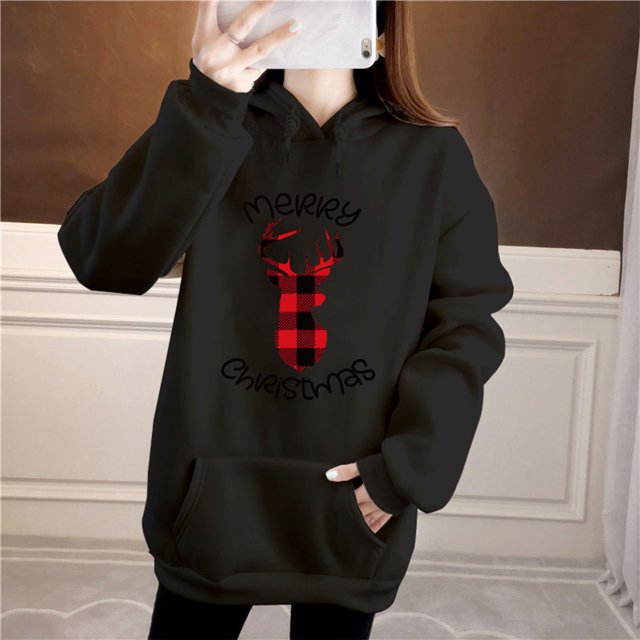 ICHUANYI Clearance Women's Christmas Red Plaid Print Loose Drop Shoulder Hoodie Plus Velvet Plus Size Sweatshirt Blouse(Black, L) ICHUANYI WER2023081503461