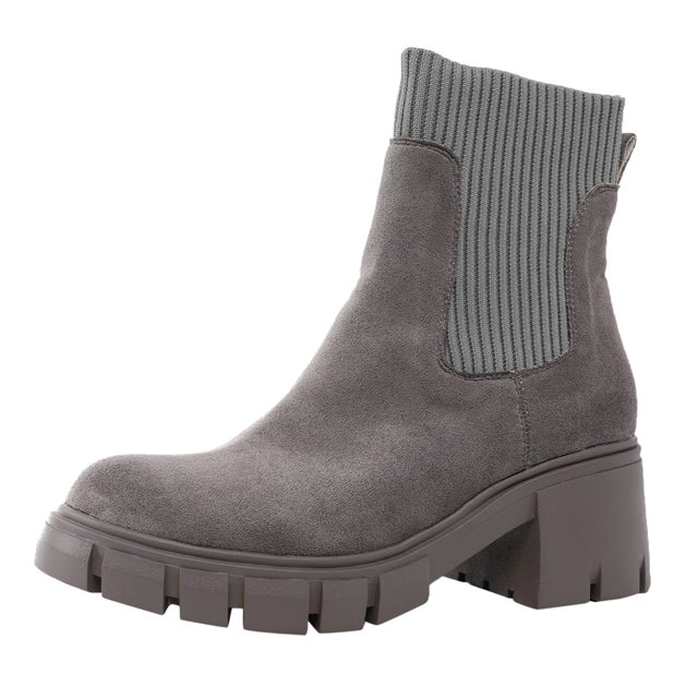 nechology botas mujer adulto femenino zapatos botines para mujer zapatos de tacón con punta redonda para mujer zapatos de fiesta de con tacón grueso (grey, 7.5) Botín gris en vista 3/4 con pala de gamuza sintética, puntera redonda, panel elástico acanalado en la caña y tacón grueso apilado de 6 cm; suela de goma con dibujo de tracción, cierre sin cordones y forro textil con plantilla acolchada. Adecuado para otoño e invierno; también suele usarse como botín casual para salidas.