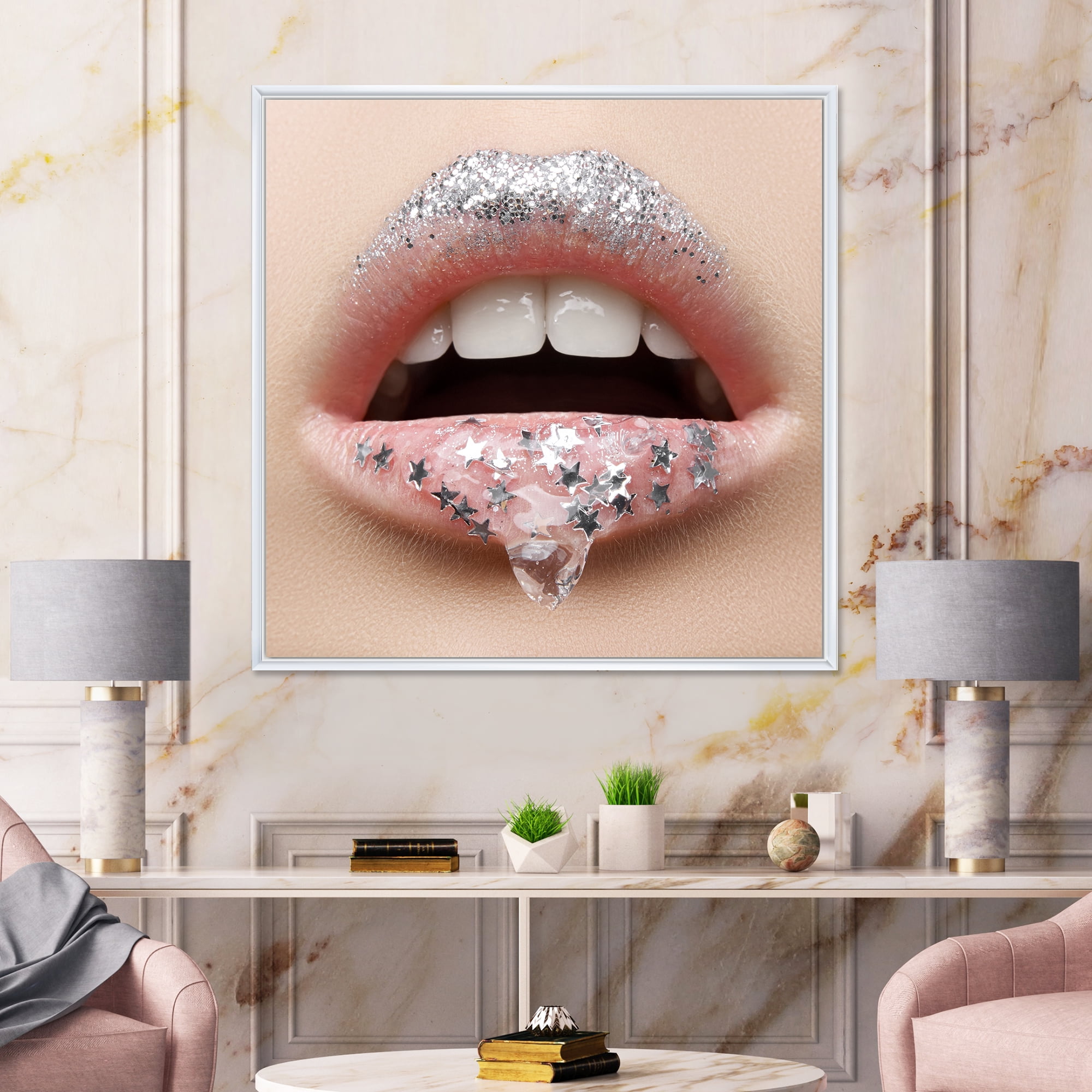Designart 'Woman Lips With A Gel On The Lips & Stars' Modern Framed Canvas Wall Art Print