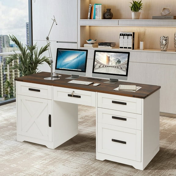Magic Union 60" Farmhouse Executive Desk with Drawers, Wood Home Office Desk with Charging Station, Keyboard Tray, Computer Writing Desk with Filing Cabinet Drawers for Work Study, Antique White