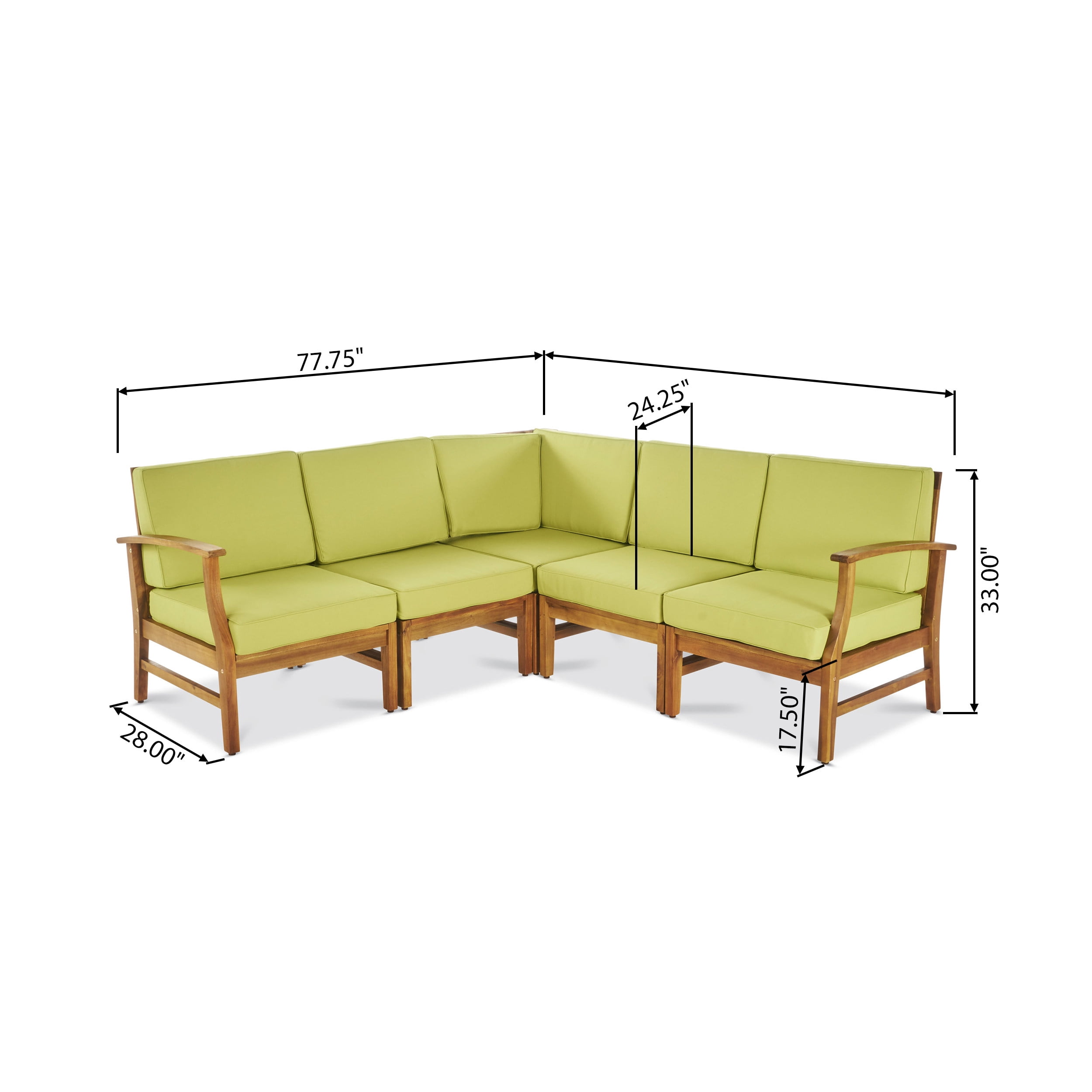 Bodhi Outdoor 5 Piece Sectional with Cushions, Teak, Green