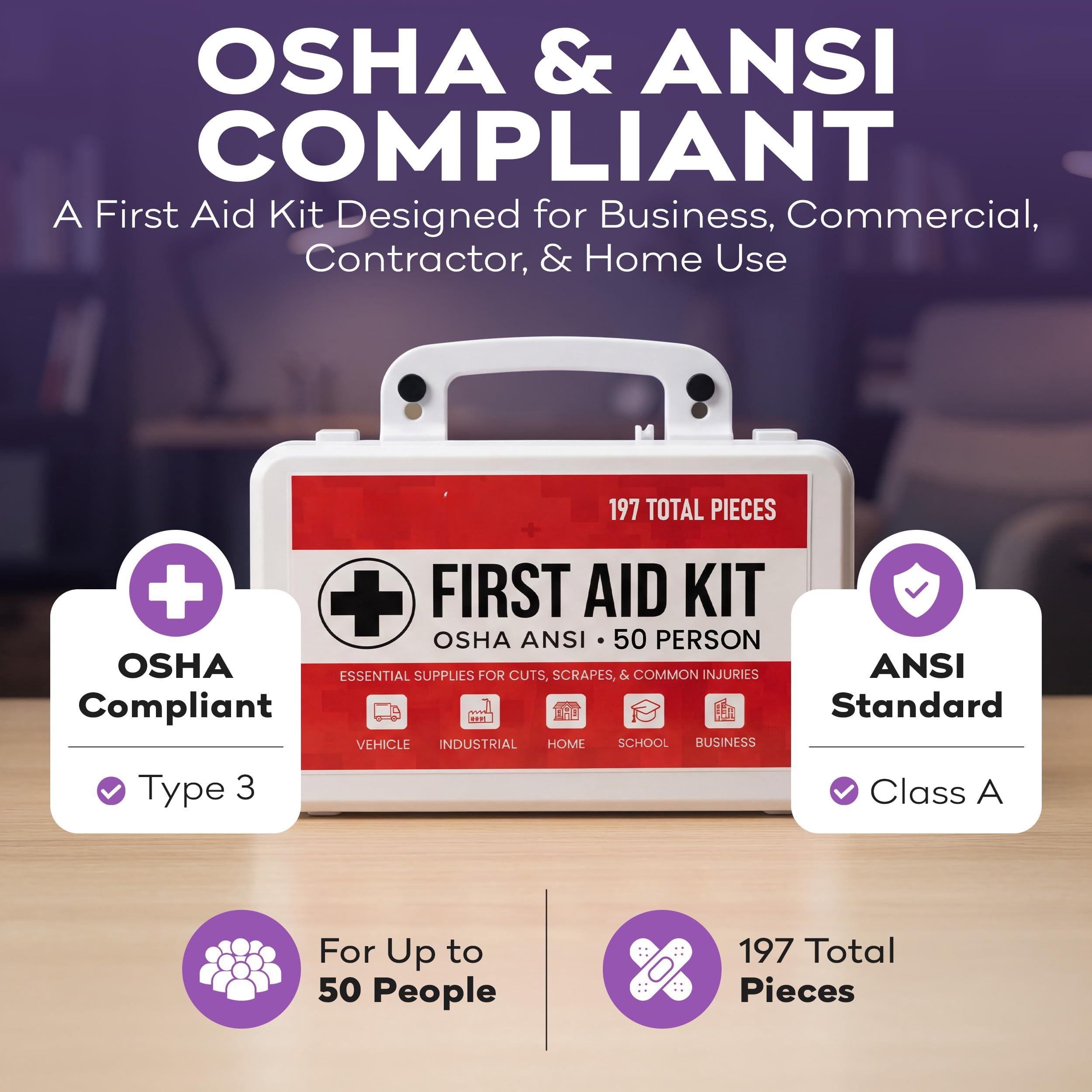 50 Person Osha Compliant First Aid Kit For Businesses  Construction Site - Type Iii Ansi Class A Emergency 197 Piece Supplies