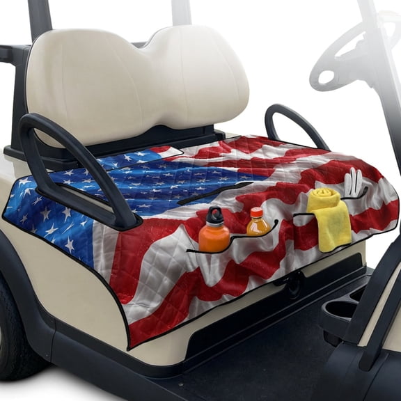 Pzuqiu American Flag Quilted Golf Cart Seat Cover | 2-Person With 4 Storage Pockets | Non Slip Universal Fit for EZGO Yamaha Club Car