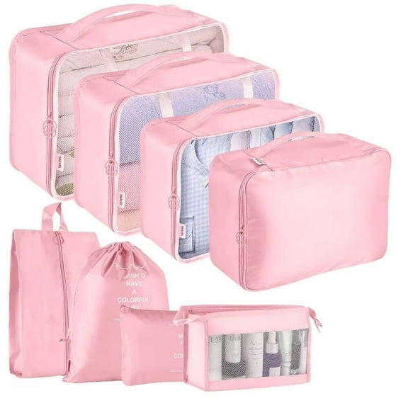 Packing Cubes for Travel, 8Pcs Travel Cubes Set Foldable Suitcase Organizer Lightweight Luggage Storage Bag,Pink