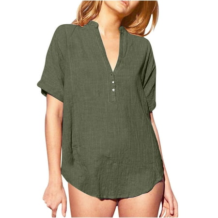 Ladies Tops Cotton Linen V Neck Henley T Shirts Plain Short Sleeve Basic Tee Loose Womens Summer Blouse Plus Size Elegant Pullover Classic Undershirts Vacation Beach Casual Shirts