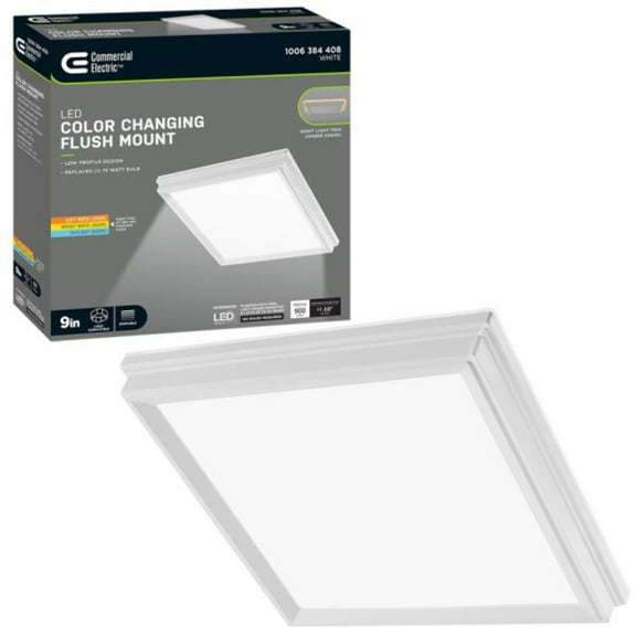 Low Profile 9 in. White Square LED Flush Mount with Night Light J-Box Compatible