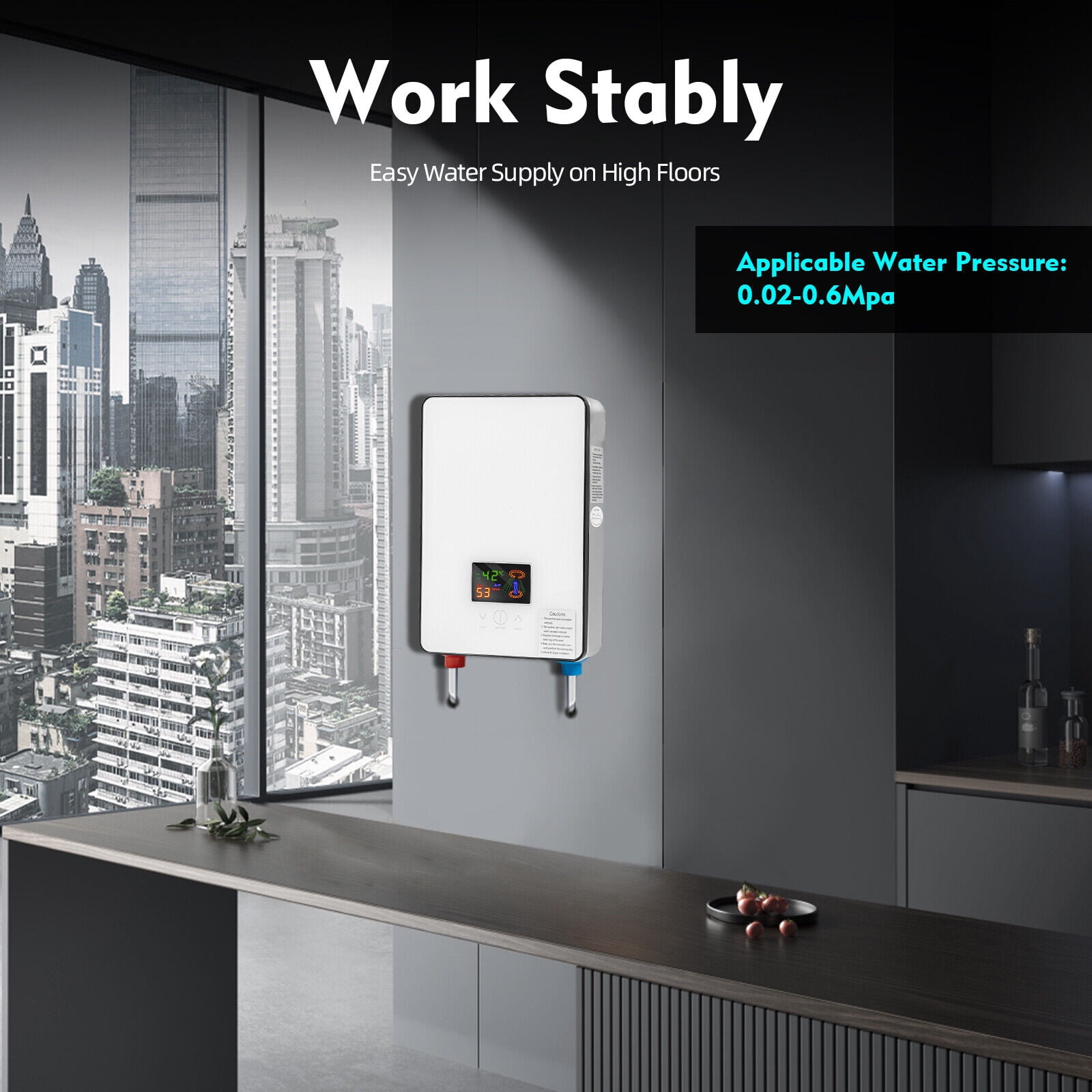 Instant Electric Tankless Hot Water Heater Bathroom Whole House Color Screen + Shower Three-Piece Set 4500W 110V White