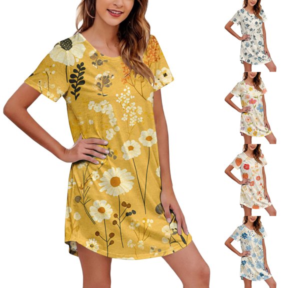 Endives Women's Summer Sleepshirt Floral Printed Short Sleeve Crew Neck Long Tshirt Dress Nightgown for Women Soft Thin Breathable Nighty for Ladies Multicolor M