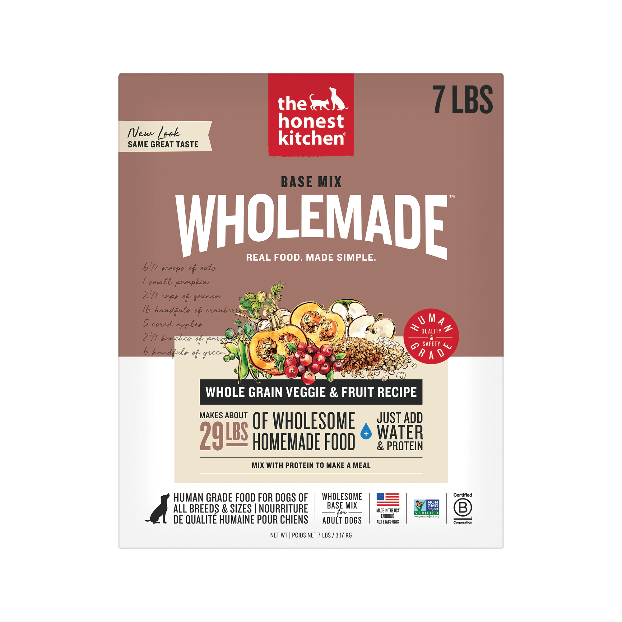 The Honest Kitchen Human Grade Wholemade™ Dehydrated Dog Food Whole Grain, Veggie & Fruit Base Mix ( Add Protein), 7 lb (Makes 28 lbs)