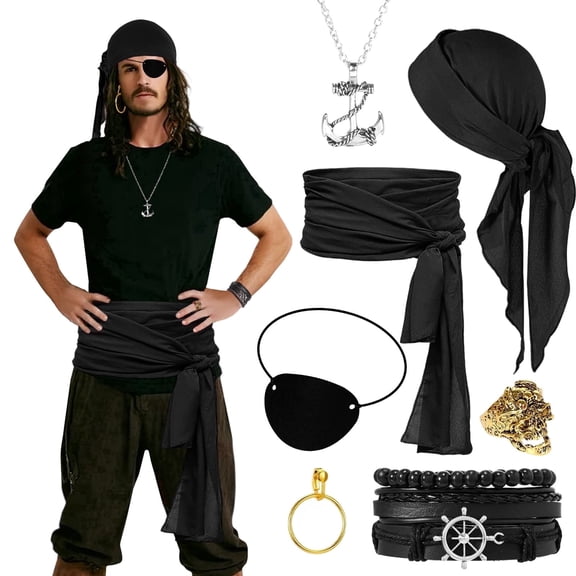 Alaiyaky 7 Pcs Pirate Accessories Set, Adult Captain Costume, Pirate Headscarf, Earrings,Ring,Eye Patch,Necklace,Bracelet,Hip Scarf for Halloween Cosplay Party