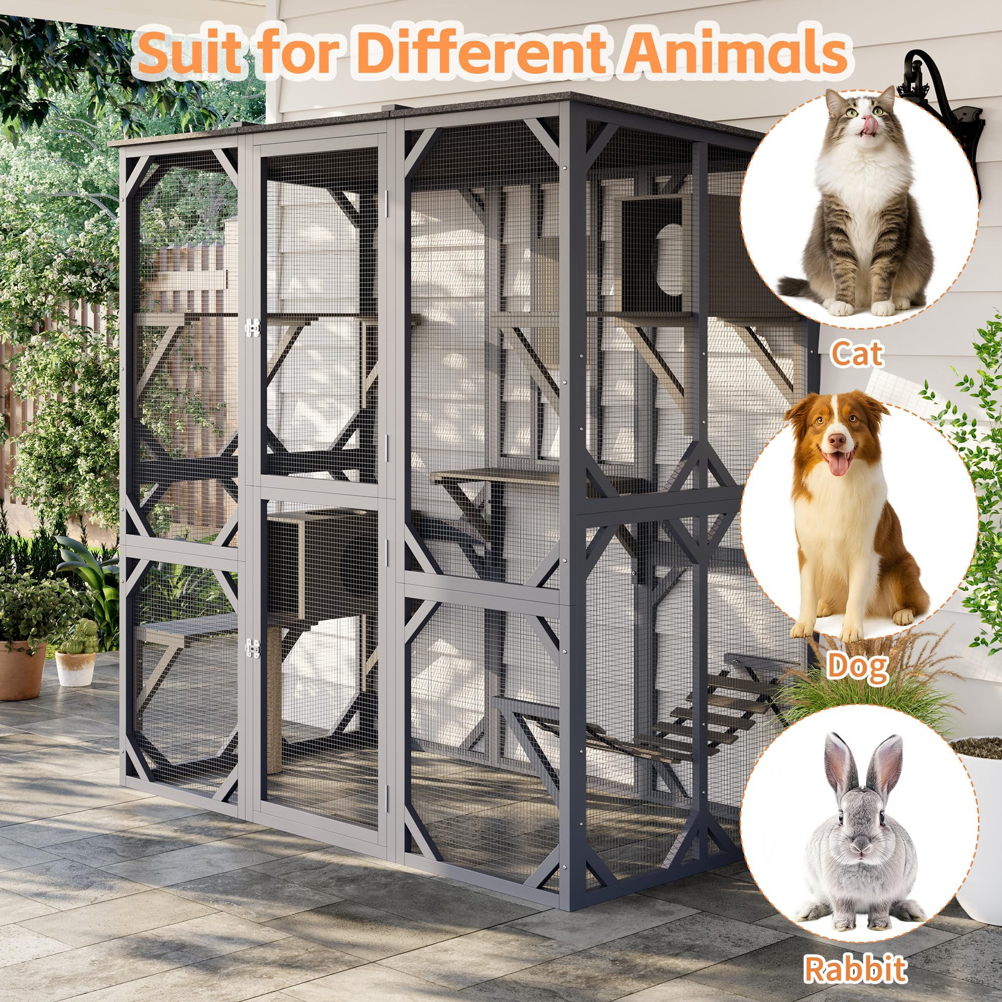 Accreate 70 Inch Large Wood Catio Outdoor Cat Enclosure with Waterproof Roof, Walk-in Cat House with Asphalt Roof, Scratch Post & Bridge for Cats, Patio Enclosure in Dark Grey