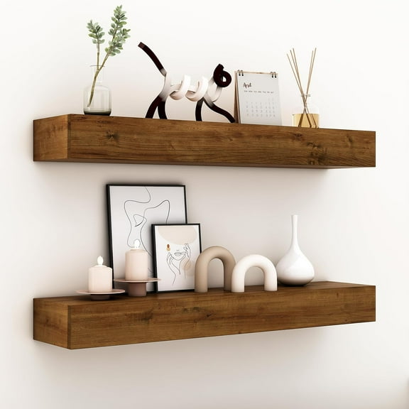 Wall Floating Shelves - 30" Handcrafted Wooden Shelf - Pack of 2 & Farmhouse Decor Rustic Floating Shelf (Provincial)